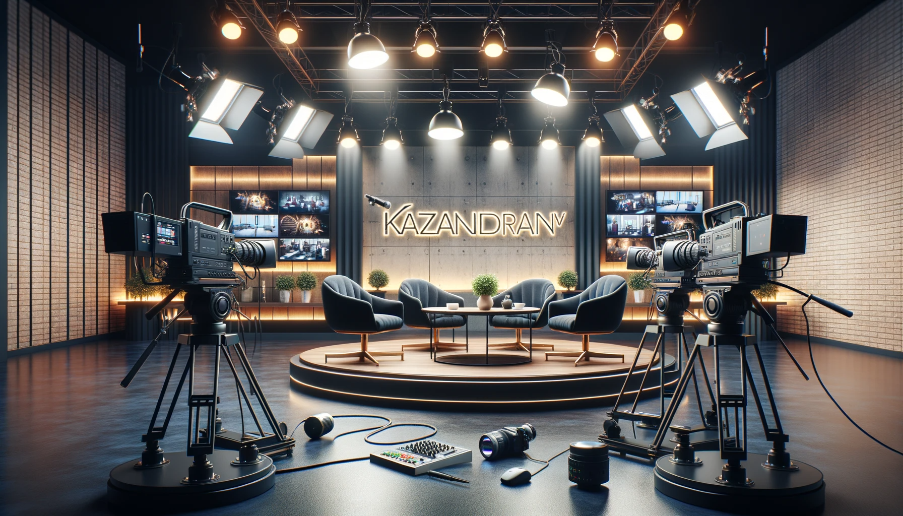 DALL·E 2023-10-26 17.37.24 - Contemporary render of a TV studio setup with cameras, lights, and broadcasting equipment, highlighting the live broadcast nature of 'Kazandiran.tv'.