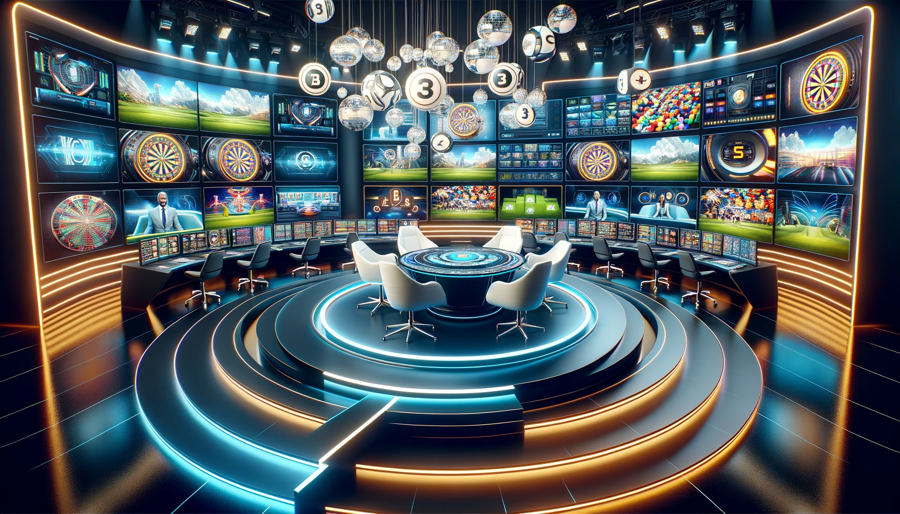 DALL·E 2023-10-26 17.38.55 - Artistic render of a broadcast studio with a futuristic touch, including sleek furniture, advanced tech equipment, and vibrant displays showcasing var